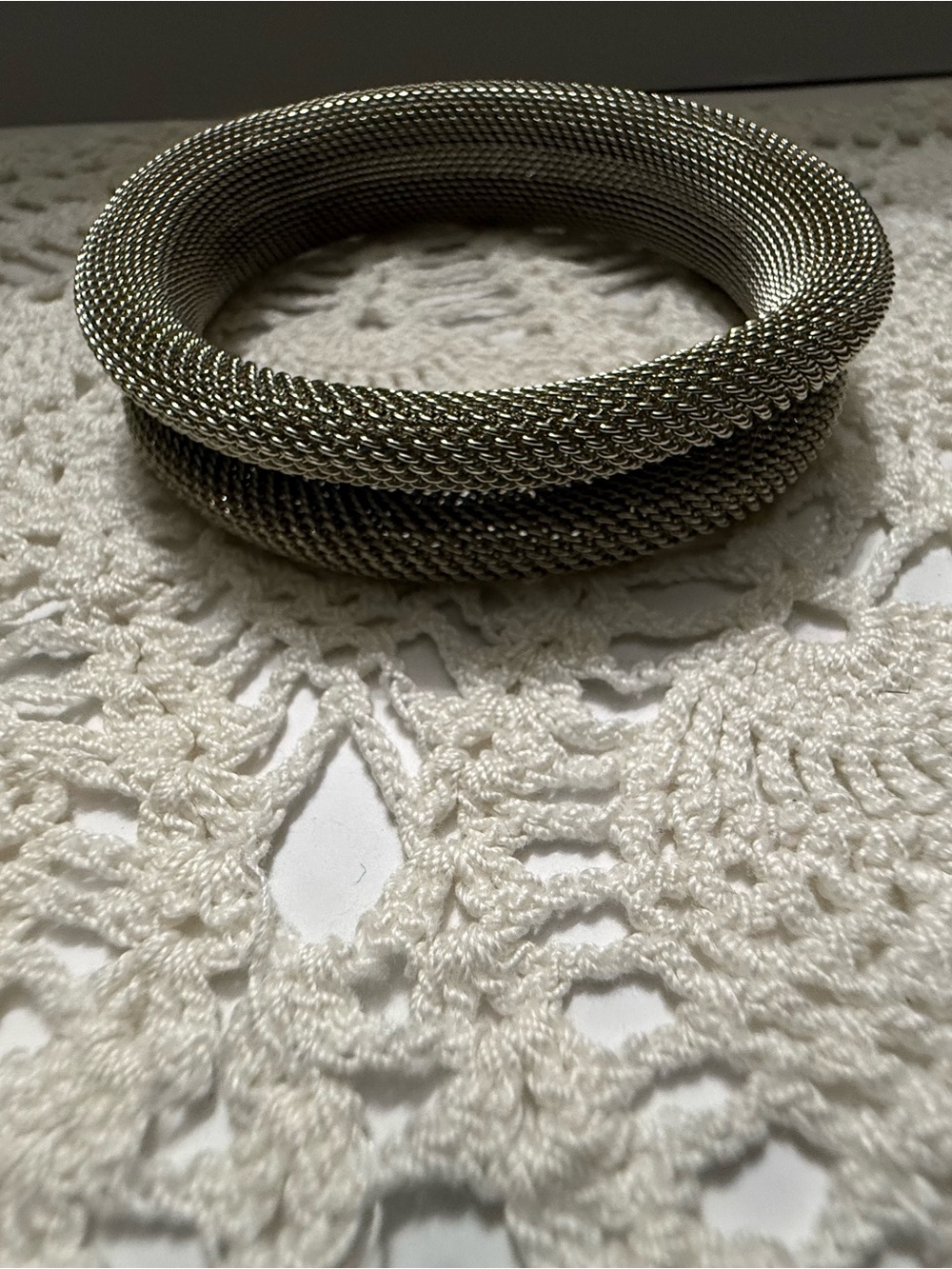 Silver Mesh Coil Bangle Bracelet Wide Tubular Woven Chunky Cuff Statement